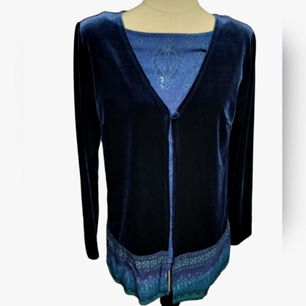 2141)Carole Little 2in1 Blue Velvet Jacket with Attached Abstract print Top Sz 8